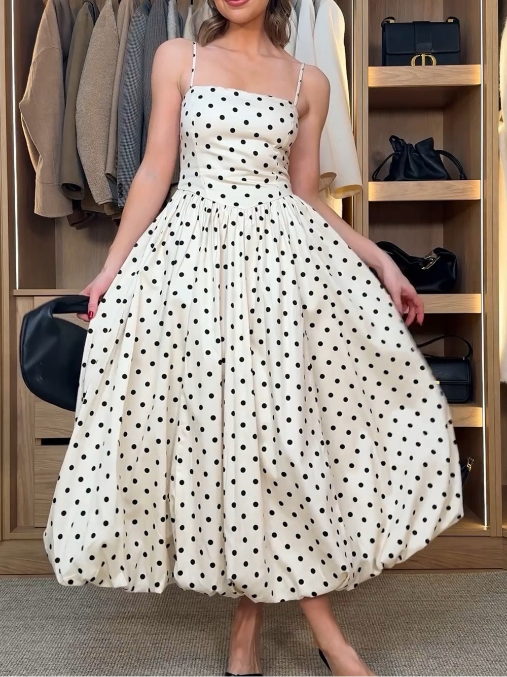 Cream Polka Dot Midi Dress Bubble Hem